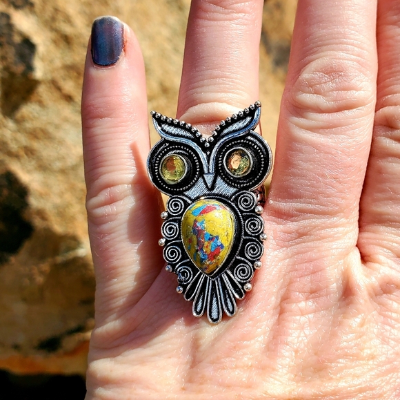 New Mosaic Jasper & Citrine Mystical Owl 925 Silver Ring. - Picture 4 of 12